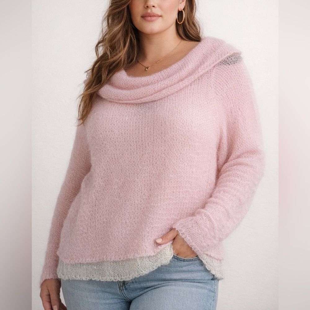 Vintage Torrid Pink Mohair Blend Open Knit Cowl Neck Sweater 2XL